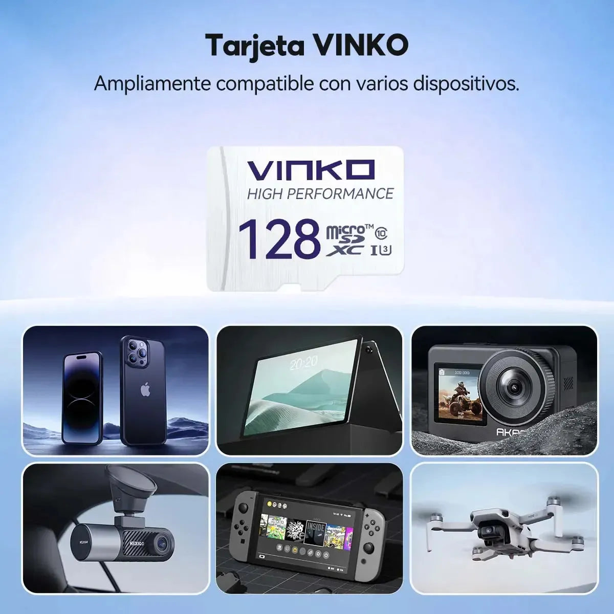 MicroSD Vinko 128 GB Class 10 U3 card, for camera and celular, 100 MB/s