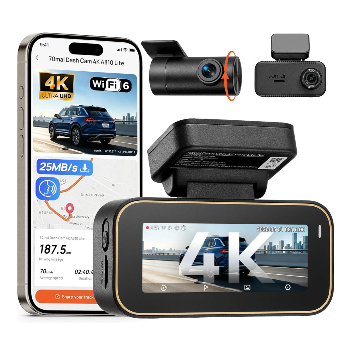 Cámara para Auto 70mai A810 Lite 4K Frontal y Trasera con Wi-Fi, GPS y Visión Nocturna HDR