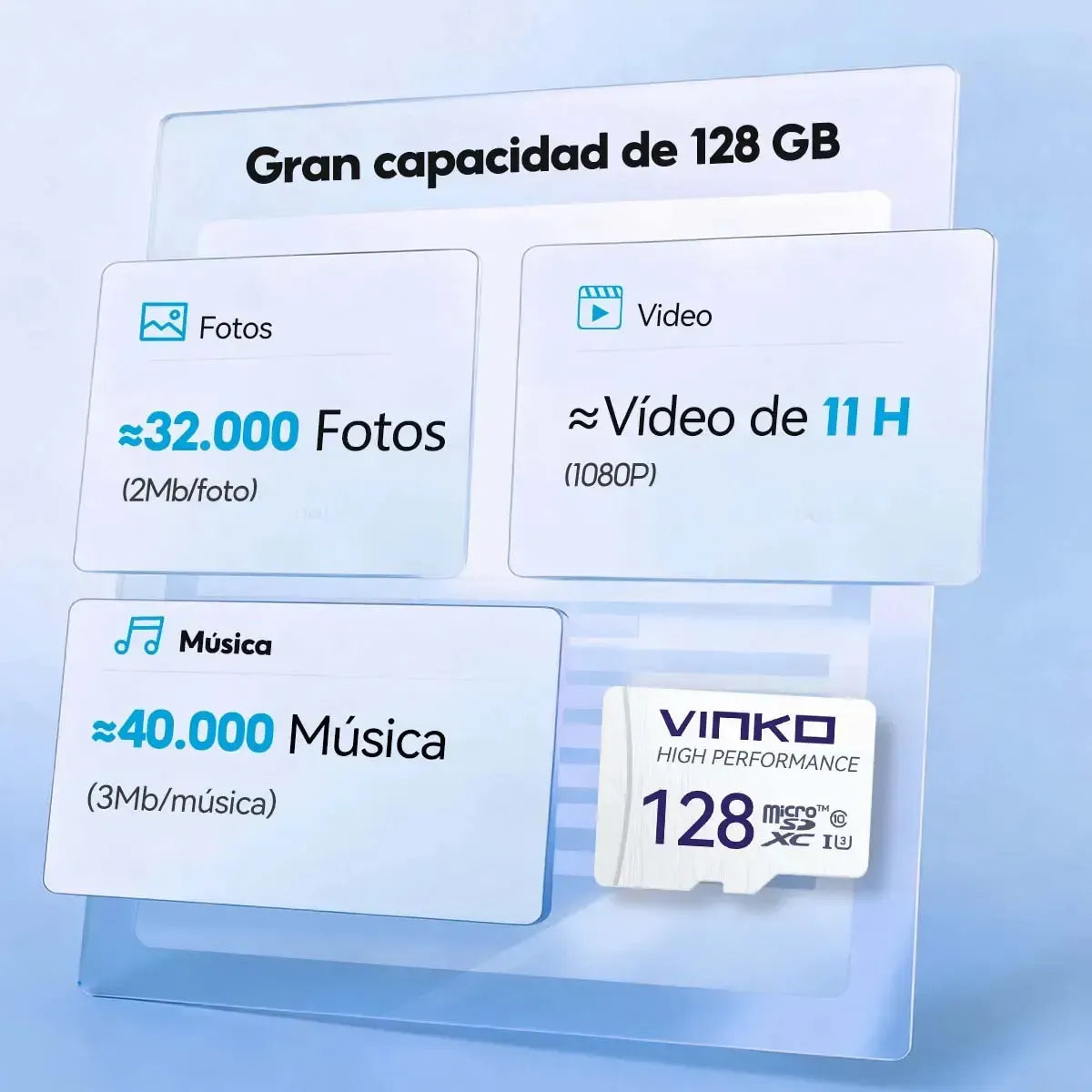 MicroSD Vinko 128 GB Class 10 U3 card, for camera and celular, 100 MB/s