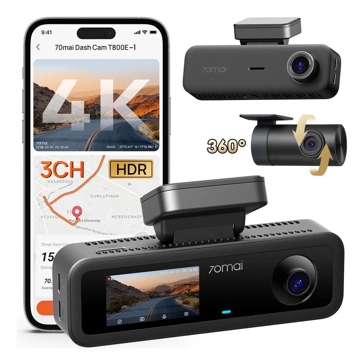 Cámara para Auto 70mai T800E con GPS, Visión Nocturna y Triple Grabación 4K HDR